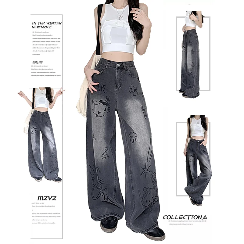 American Graffiti Jeans Anime Hello Kittys Women's Loose Straight Pant Female Fashion High Waist Wide Leg Pants Y2K Girl Trouser