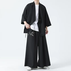 Men's Japanese Style 2-Piece Set, Stylish, Plain Color, Loose, 3/4 Sleeved Cardigan, Wide Leg Pants, Male Suit, Plus Size, M-5XL