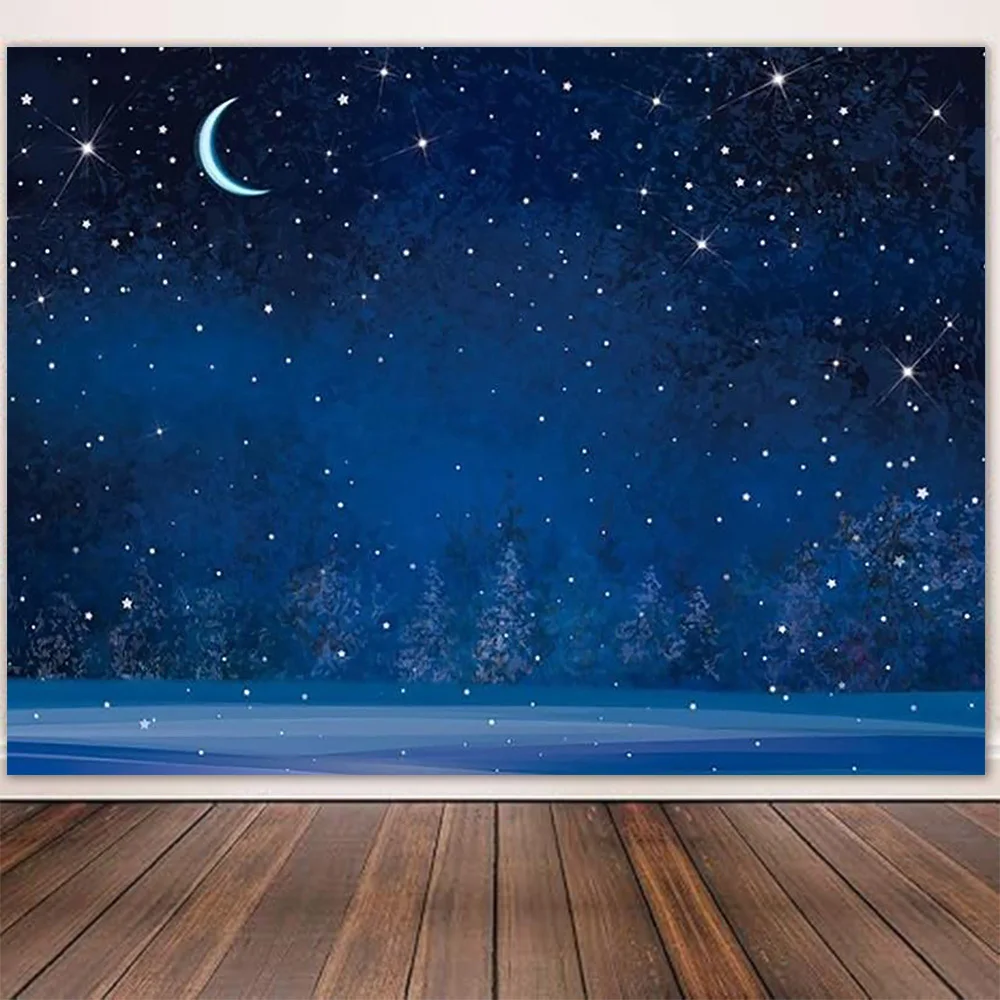 خلفية سماء ليلية شتوية مسطحة ثنائية الأبعاد - أزرق عميق مع رقاقات الثلج والقمر والنجوم - مناسبة لعيد الميلاد #2