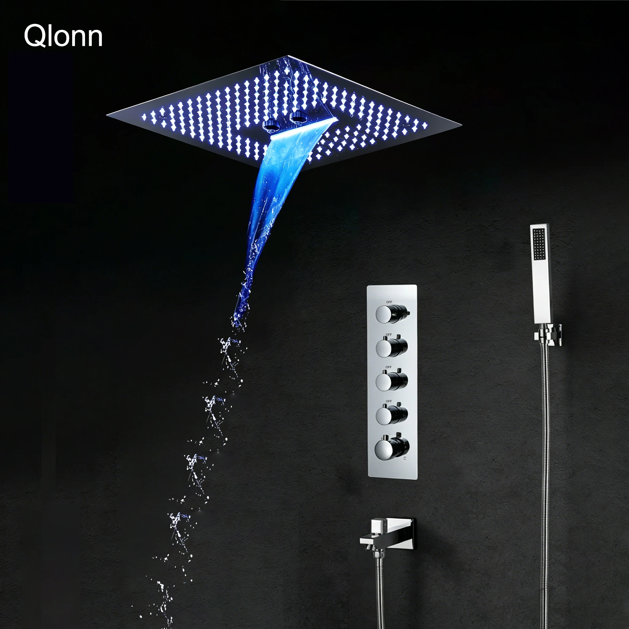Conjunto de Ducha Termostática Empotrada de Latón con 4 Funciones, Cabezal de Ducha LED de 3 Modos con Efecto Lluvia, Columna de Ducha para Baño