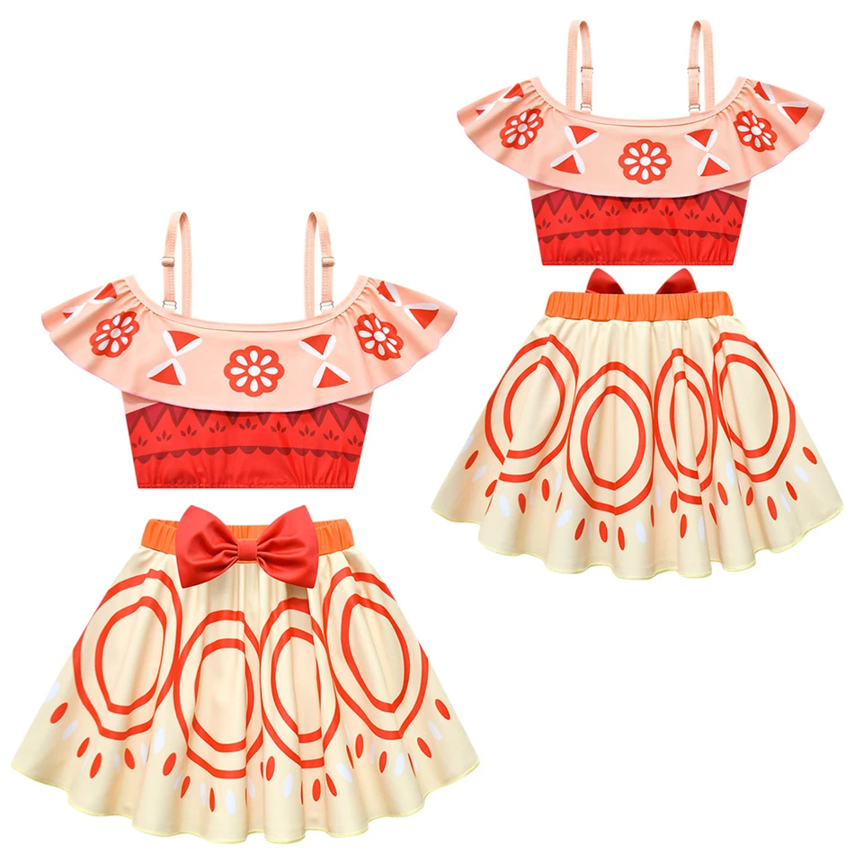 New Off-Shoulder Ruffle Style Moana Princess Fancy Girls Swimsuits Summer Pool Beach Party Kids Bathing Suit Children's Swimwear