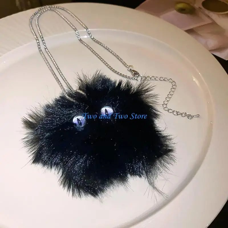 

HX6F Black White Cartoon Plush Geometric Eye Pendant All-matched Novel Clavicle Chain