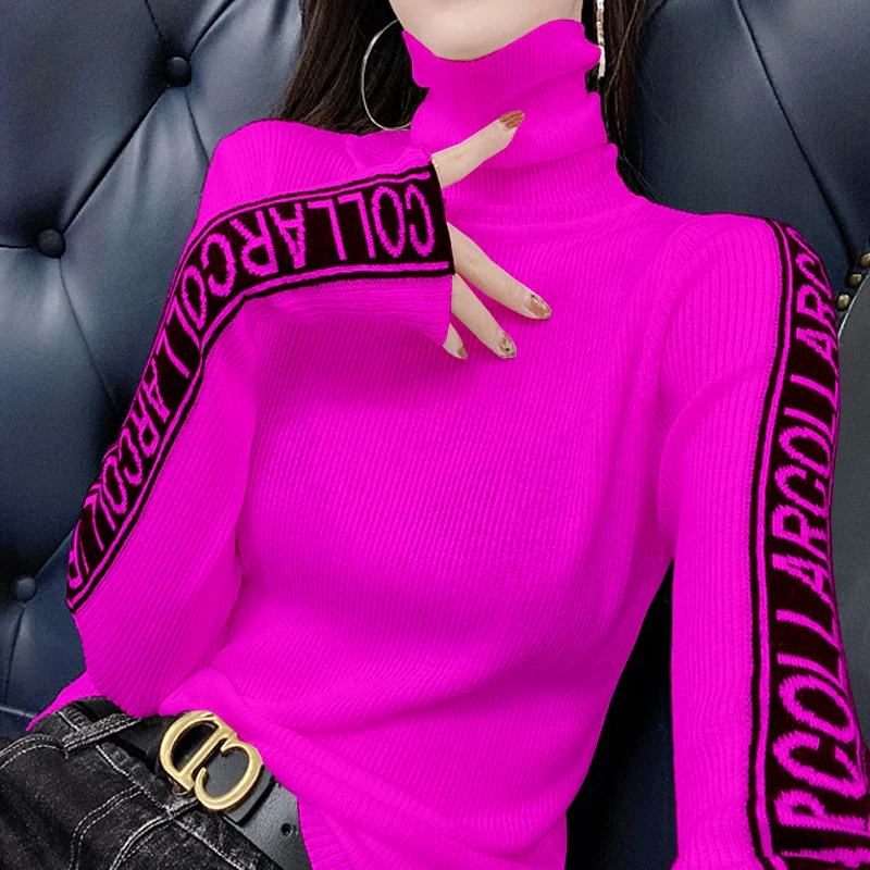 Autumn Winter Sweater Women Knitted Ribbed Pullover Sweater Long Sleeve letter Turtleneck Slim Jumper Soft Warm Pull Femme