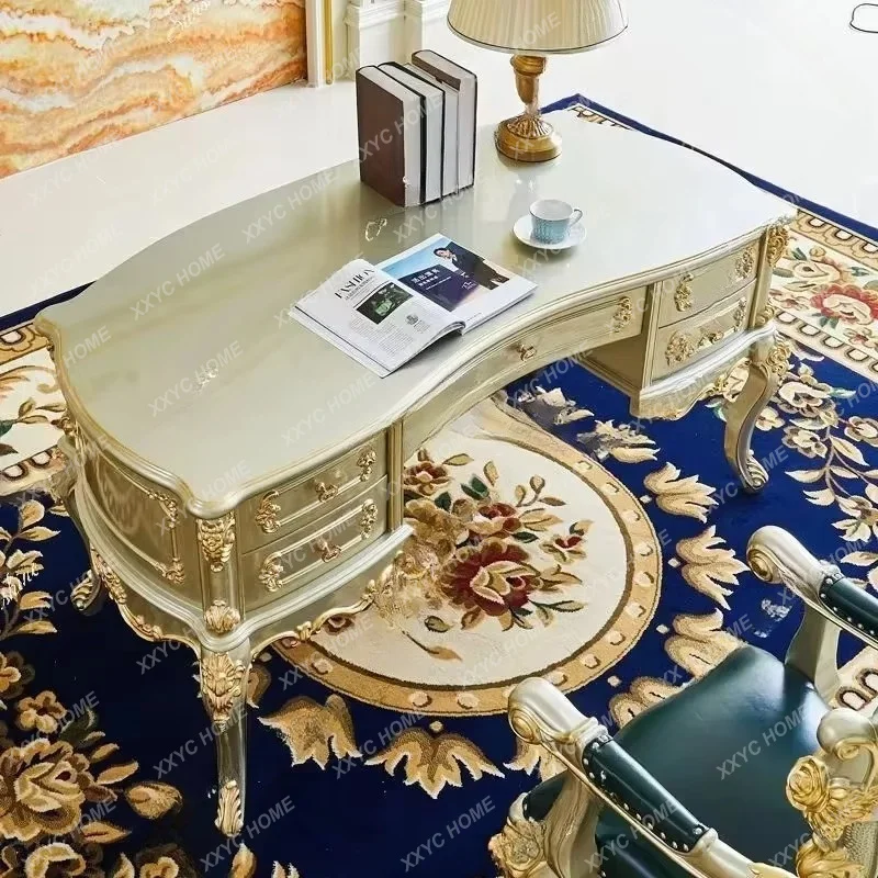 XX villa study solid wood carving flower desk golden computer desk