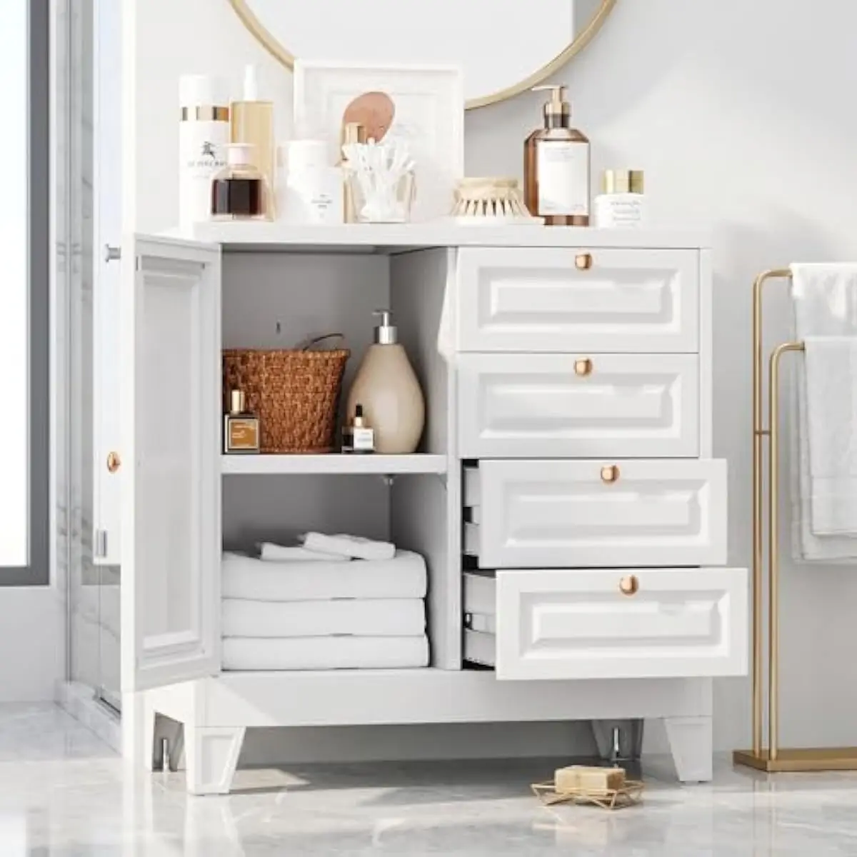 White Powder-Coated Steel Bathroom Cabinet Featuring Four Independent Drawers and One Door Compartment with Adjustable Shelf for
