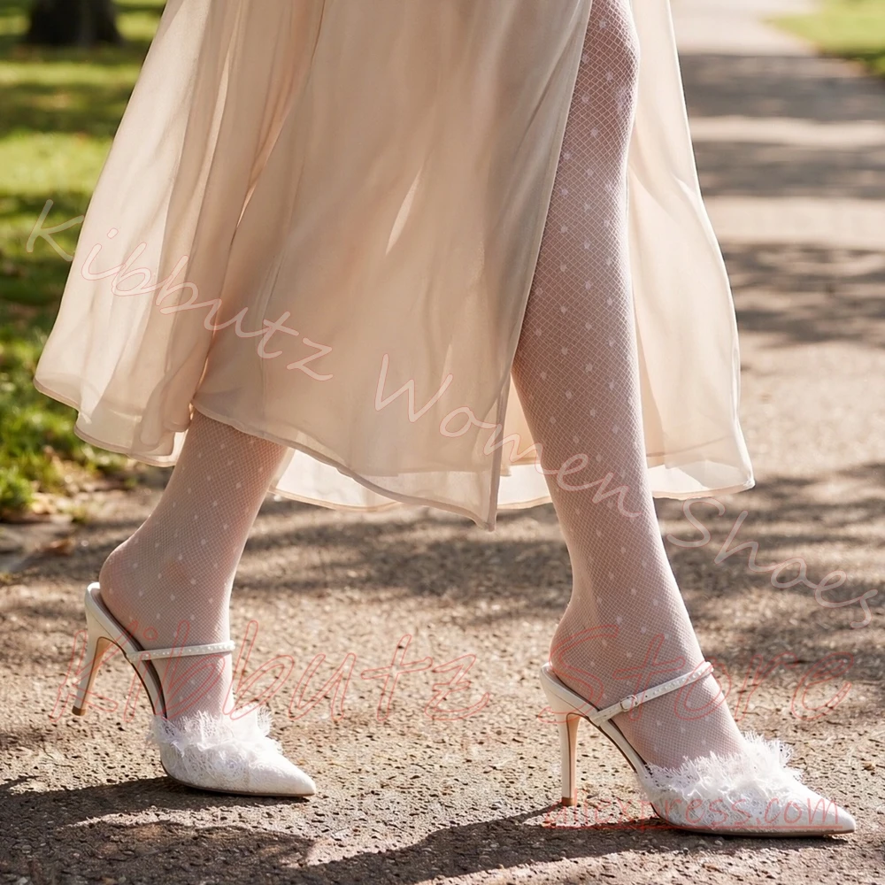 Pointed Toe Mule Slipper Pearl Thin Strap Lace Pumps Stiletto Heel Fringe Trim Backless Elegant Bridal Shoes Dress Solid Color