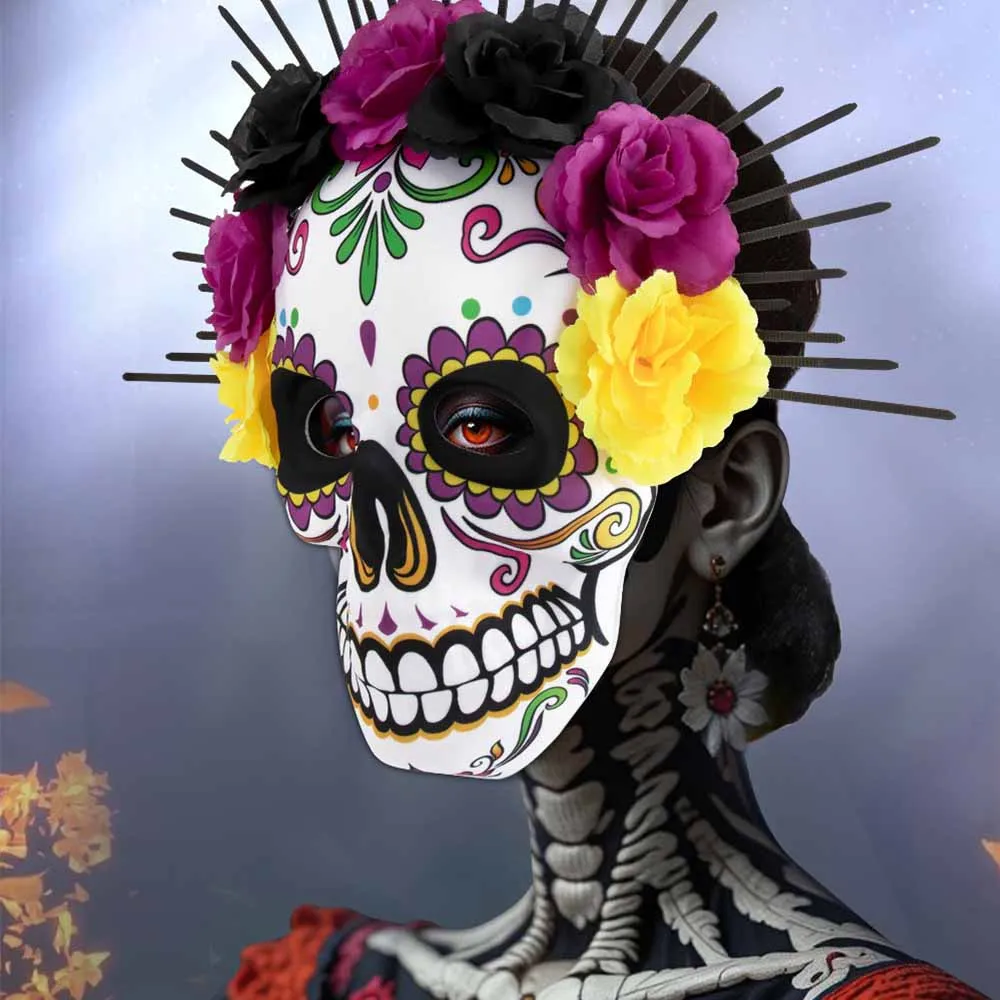 패션 멕시코 죽은 자의 날 풀 페이스 마스크 할로윈 인공 꽃 왕관 EVA 해골 마스크 여성 남성 파티 코스프레 소품
