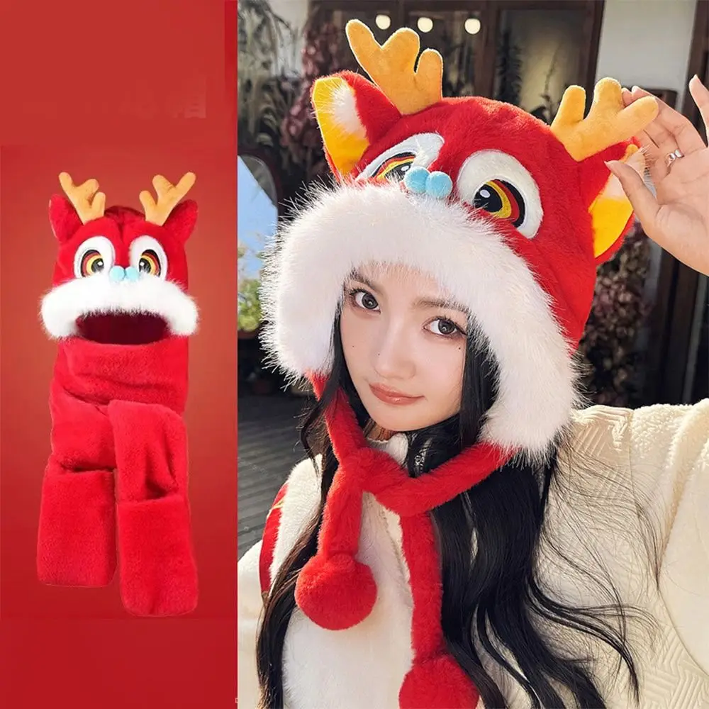 Windproof Integrated Cap Scarf Gloves Red Dance Lion Dragon Ear Protection Cap Soft Plush Casual Scarf Set Hooded