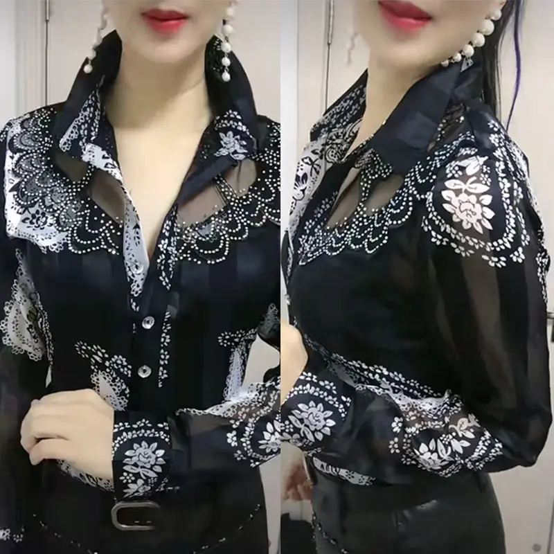 Loose Printed Long Sleeved Fashionable Elegant Chiffon Lace Shirt for Women New Spring Autumn High-end Western Floral Bottom Top