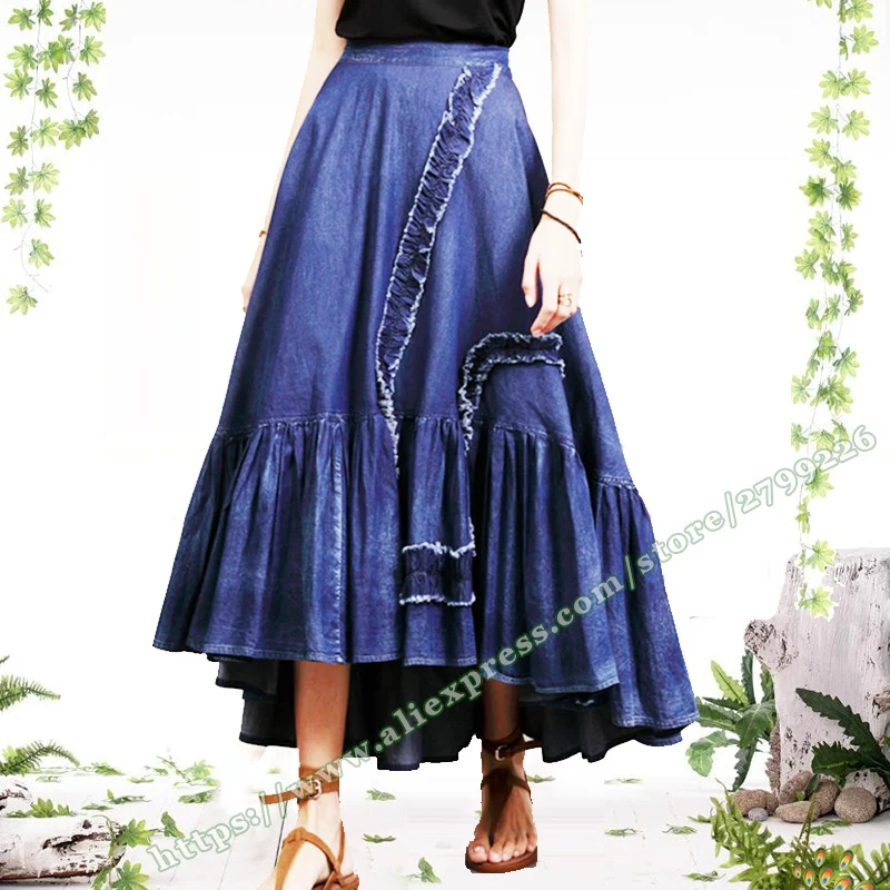 

2024 Fashion retro Jeans Elegant Women Pleated Asymmetrical Elegant Women's Skirts Summer ，Pleated Denim Female Skirt Womens