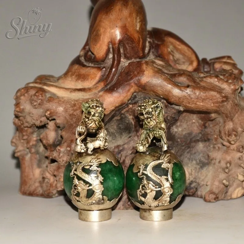 

2pcs Exquisite Chinese Silver Dragon Inlaid Green Jade Hand Carved Pair Lion Statue Living Room Decoration