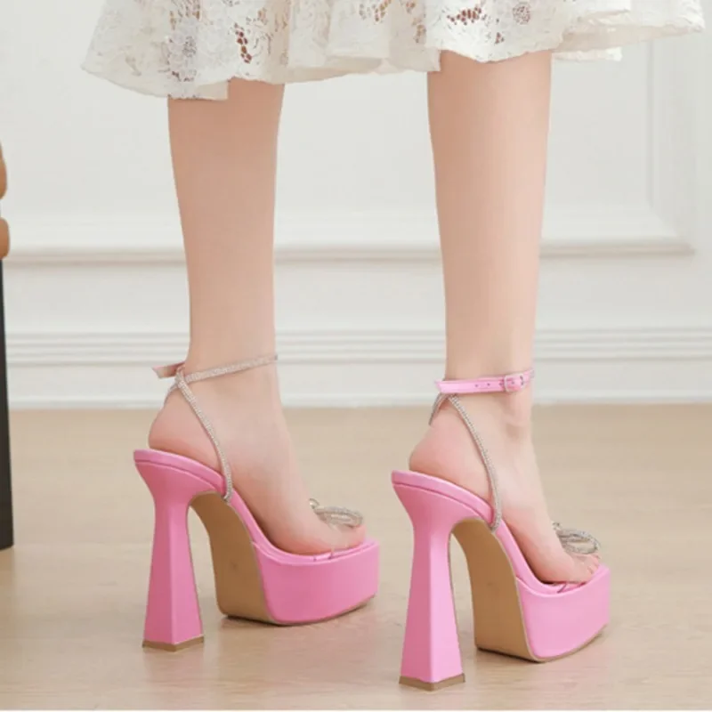 Sexy Peep Toe Platform Square Head Buckle Strap Rhinestone Butterfly-knot 16CM High Heels Women Sandal Summer Shoe