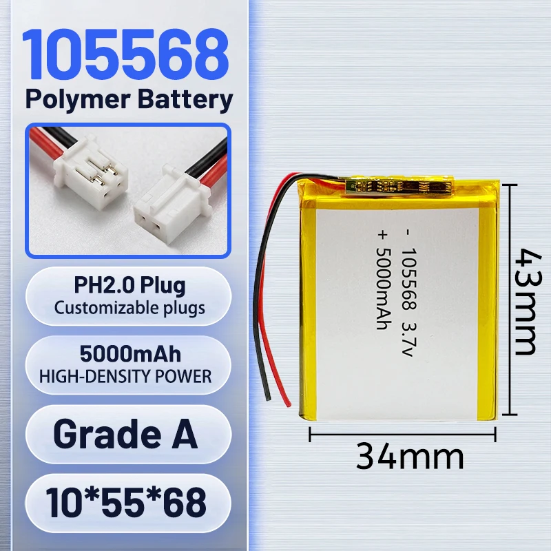 

Полимерный аккумулятор 3,7 В, 5000 мАч, 105568, подходит для устройств для раннего развития, светодиодных ламп, портативных зарядных устройств, перезаряжаемый литий-полимерный.