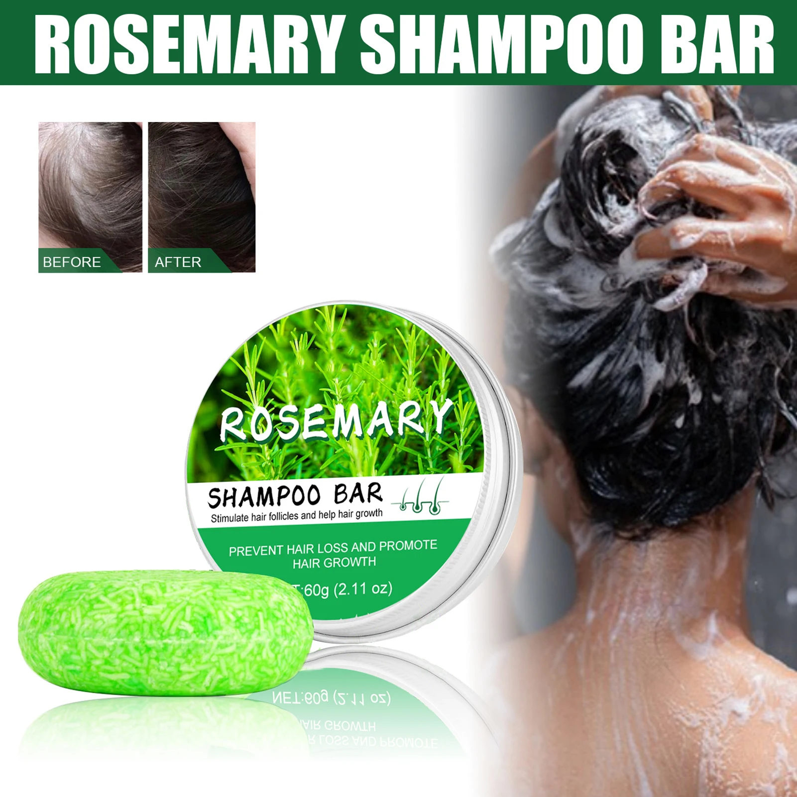 Rosemary Organic Solid Shampoo Bar Deep Cleansing Hair & Scalp Anti Hair Loss Shampoo Soap for Treated Dry Damaged Hair