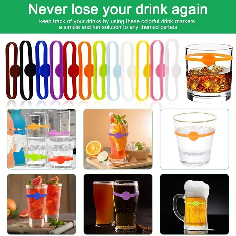 12/36Pcs Reusable Silicone Wine Glass Charms Drink Marker Bands Bottle Strip Tag Glass Identifiers for Party Cocktail Champagne