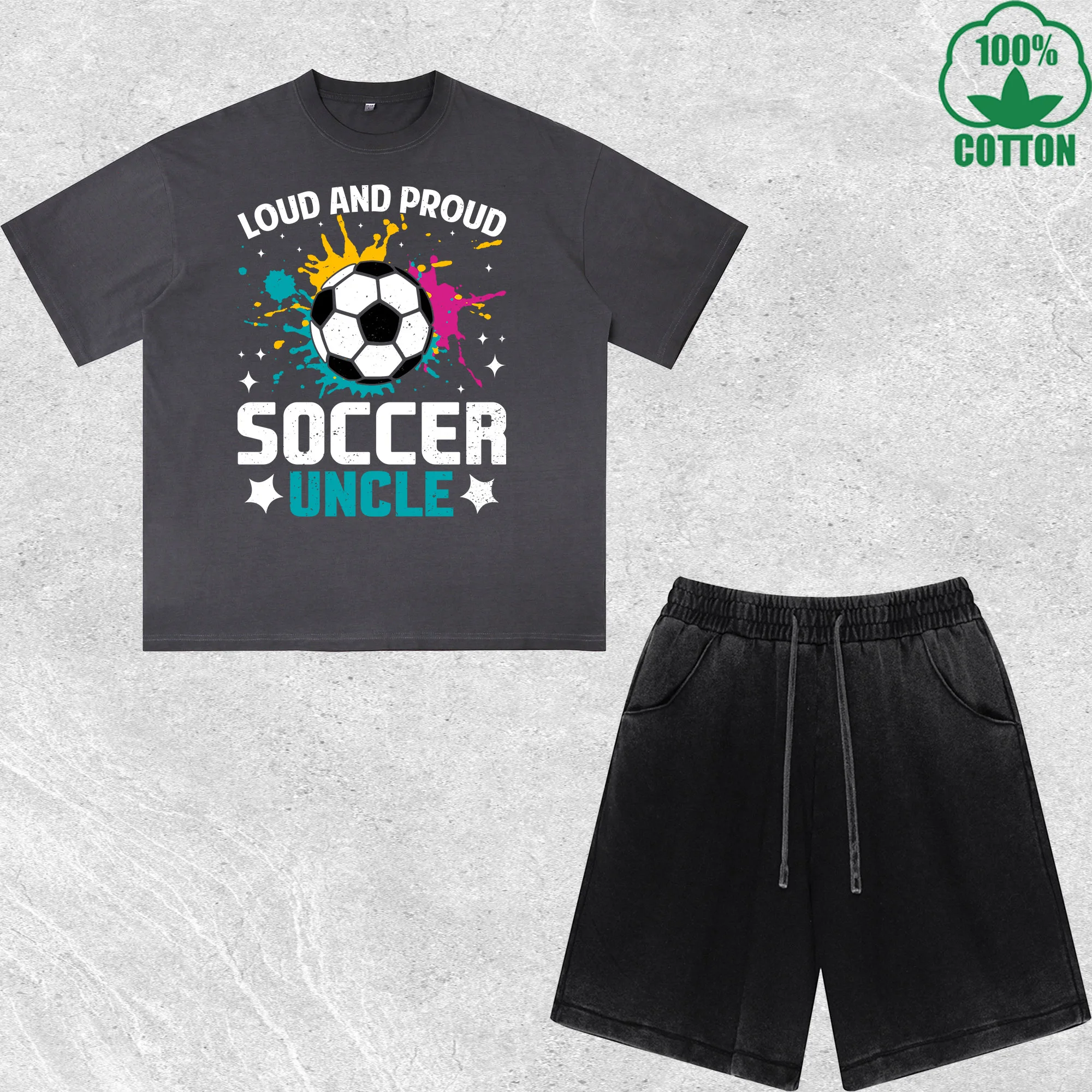 

Loud and Proud Soccer Printed Dirty Wash T-Shirt Shorts Set Multicolor Combo Loose Trendy Fashionable 100%Cotton