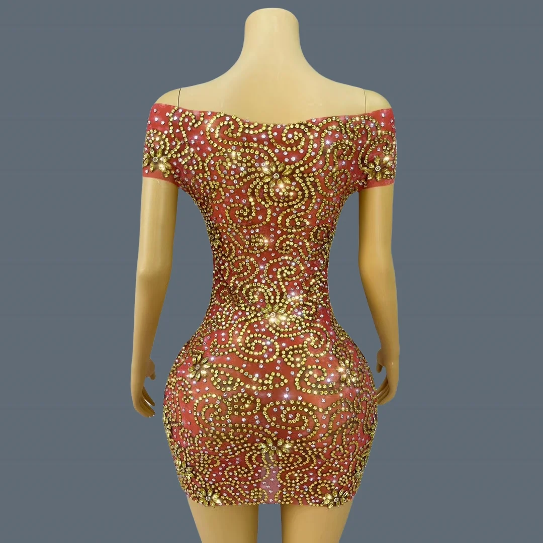 Sparkly Golden Rhinestone Strapless Sexy Mini Dress for Women Birthday Celebrate Party Ball Dress Luxury Dinners Wear Juhuami