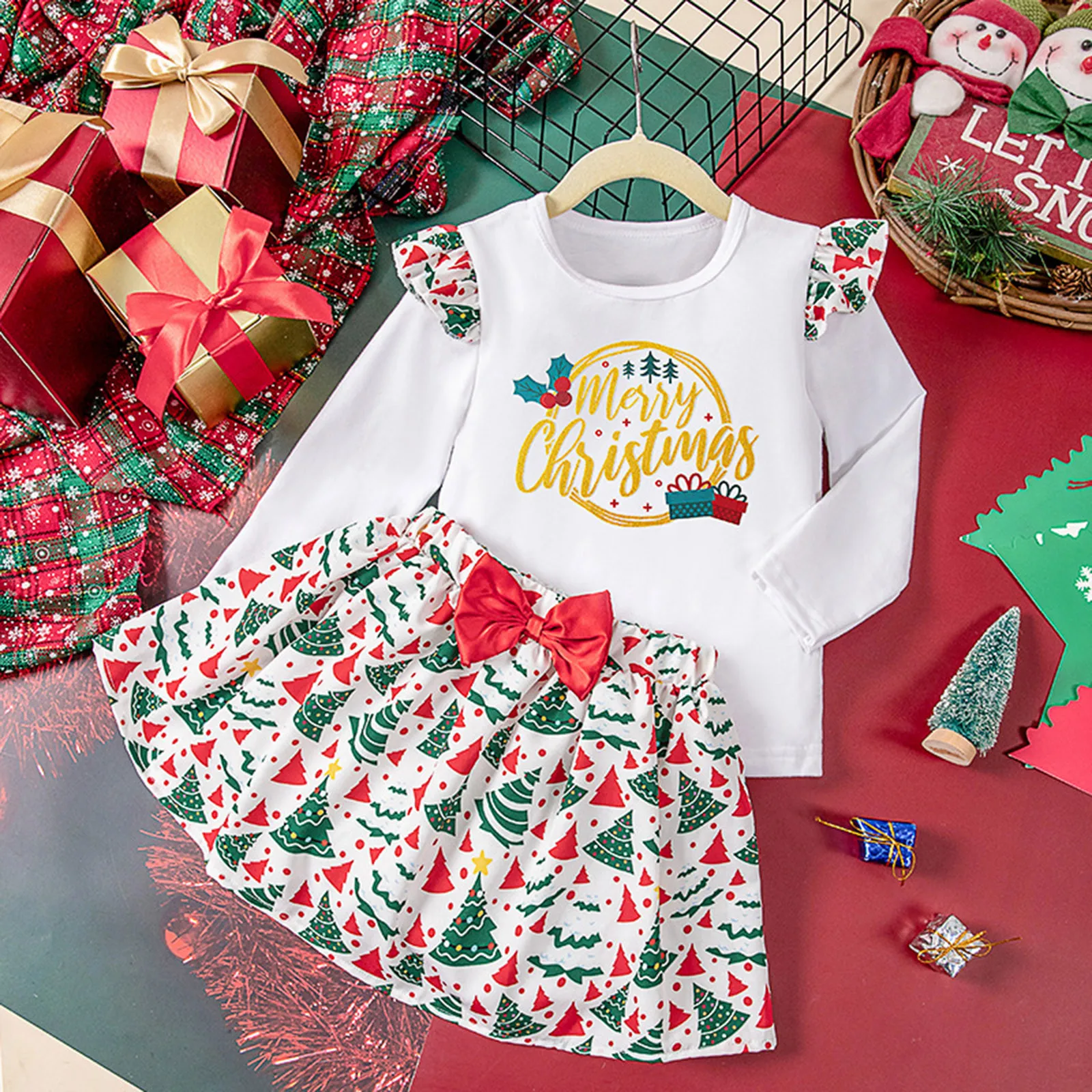 1 2 3 4 Years Toddler Girls Chrismas Clothes Outfits Letters Cartoon Chrismas Tree Prints Long Sleeve Romper Skirt Headband 3Pcs