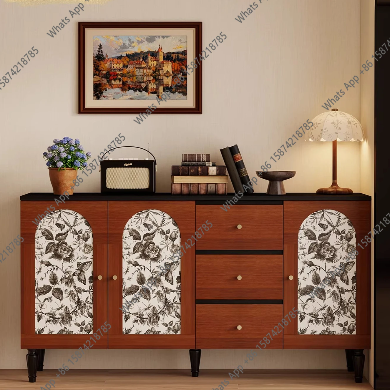 

Medieval style solid wood dining side cabinet living room storage household wall storage retro style decorative dining room cabi