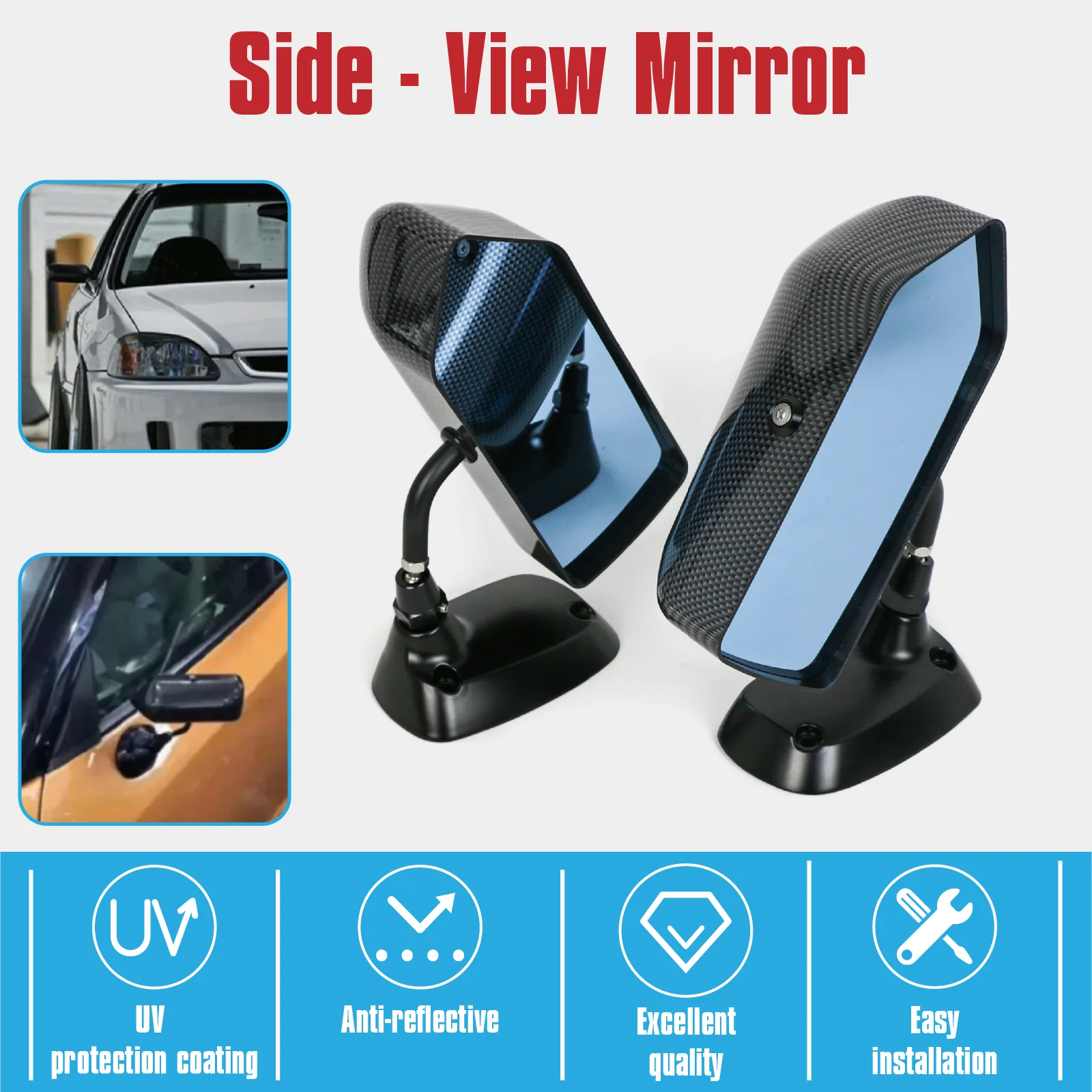 ユニバーサルf1スタイル車リアビューミラーカーボンファイバー自動車ブルーリアビューミラーカーボンレーシングサイドガラス広角メタルブラケット