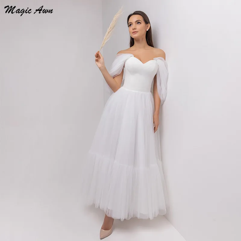 

Magic Awn Simple White Wedding Dresses Off The Shoudler Ankle Length Wedding Party Gowns Tulle A-Line Boho Bride Dress Vestidos