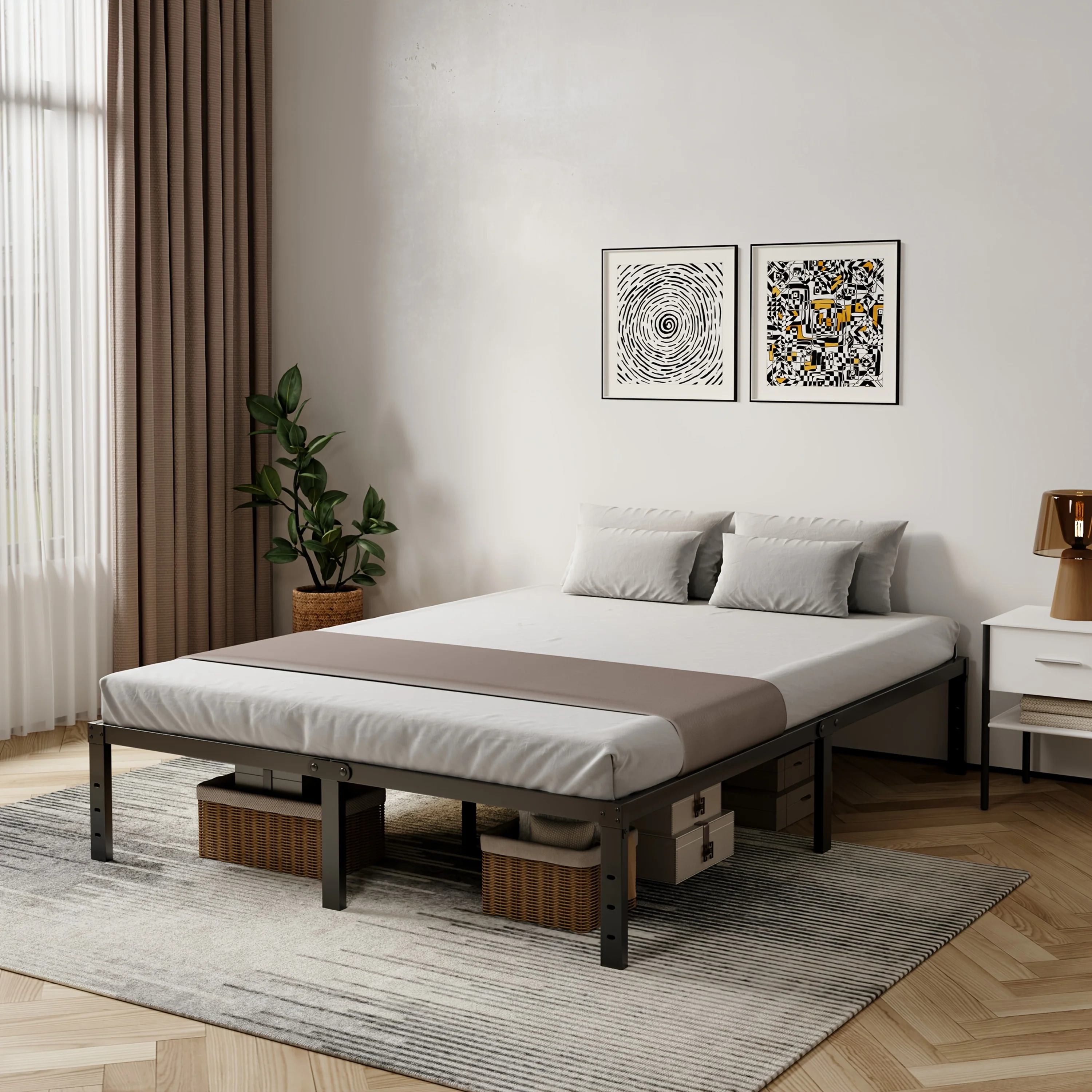 

Bed Frame - Heavy Duty Bedframe Black Basic Steel Slats Platform No Box Spring Needed/Easy Assembly/Noise Free