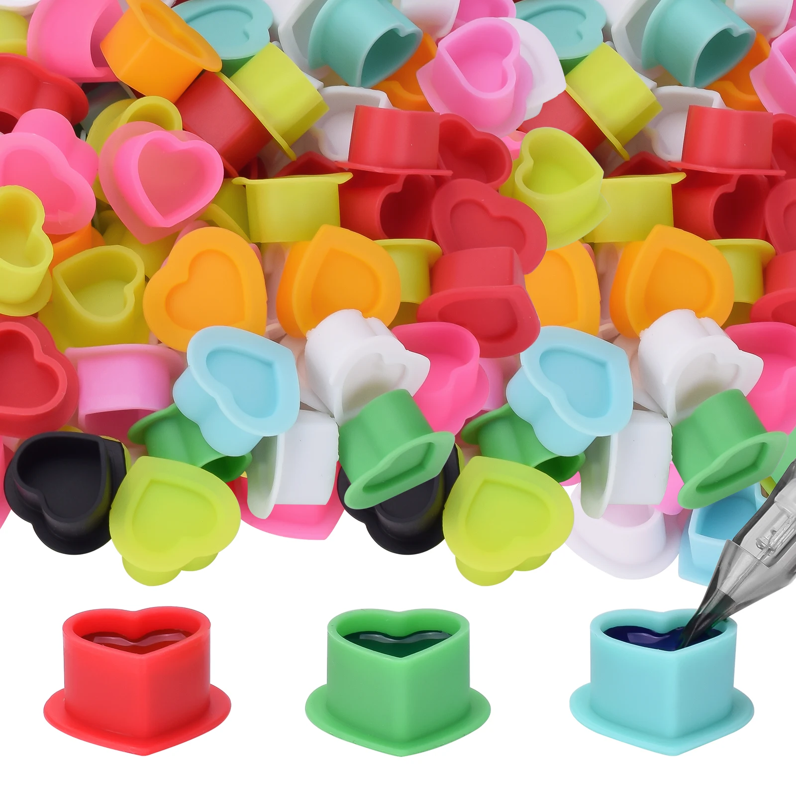 200pcs Silicone Tattoo Ink Cup Tattoo Pigment Cup Heart Shape Eyebrow Eyeliner Color Pigment Cup Mixed Tattoo Pigment Holder