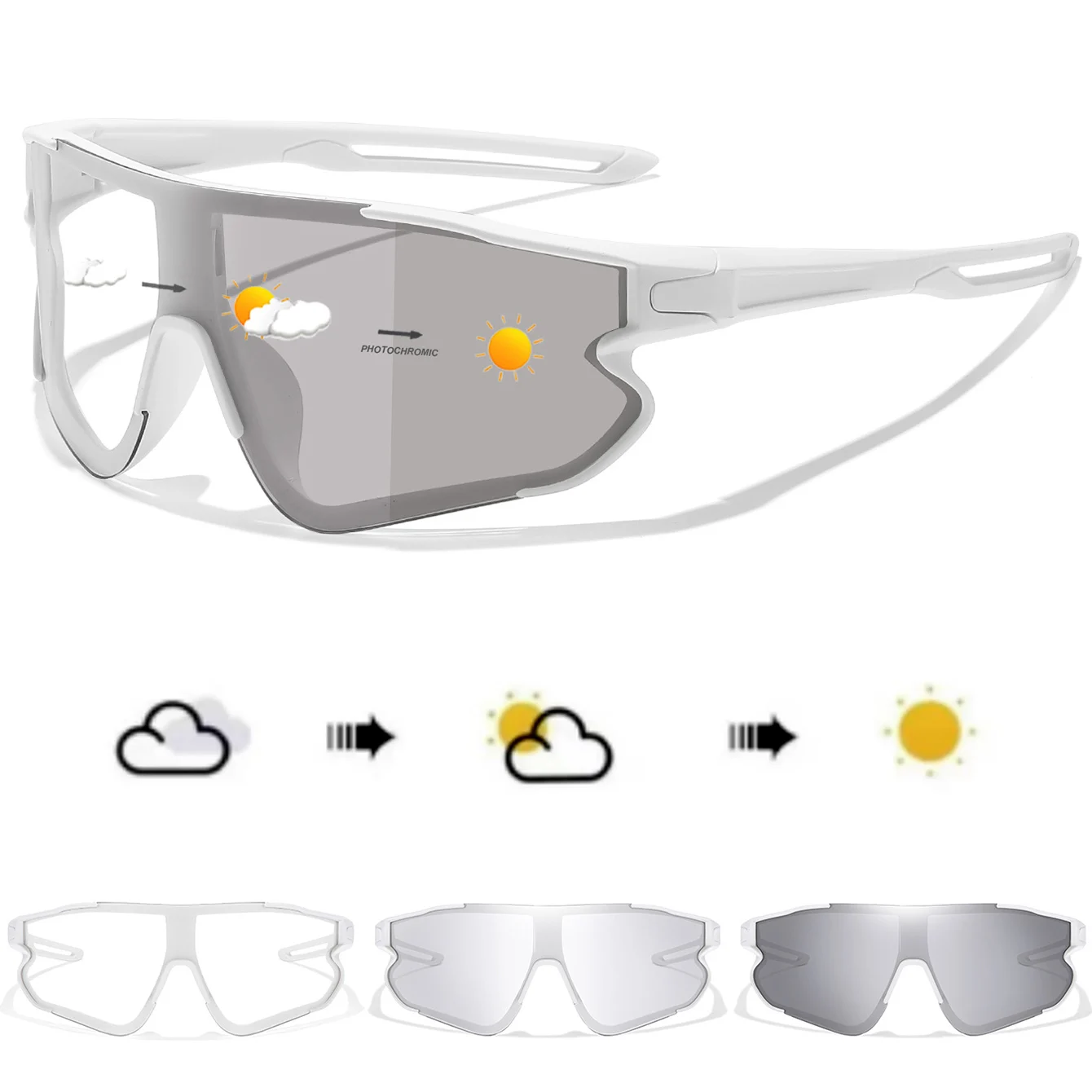 ผู้ชายผู้หญิง Photochromic รถจักรยานยนต์แว่นตากีฬากลางแจ้งกรอบใหญ่ Windproof ขี่จักรยานวิ่งแว่นตาเดินป่า
