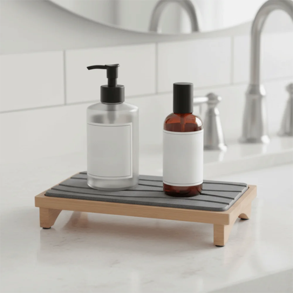 

Diatomaceous Earth Water Absorbing Stone Tray Bamboo Rack Non Slip Base Counter-top Drain Mat Rectangular Quick Drying