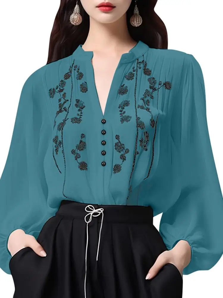 ZANZEA Women Vintage Long Lantern Sleeve Blouses 2024 Autumn Embroidery Tops Fashion Holiday V-neck Tunics Elegant Party Blusas