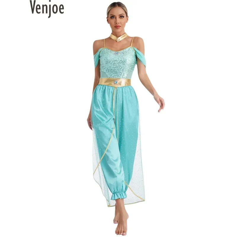 

Womens Belly Dance Costume Carnival Festival Arabian Princess Cospaly Costumes Romper with Metallic Shiny Choker for Hallowe$0$i