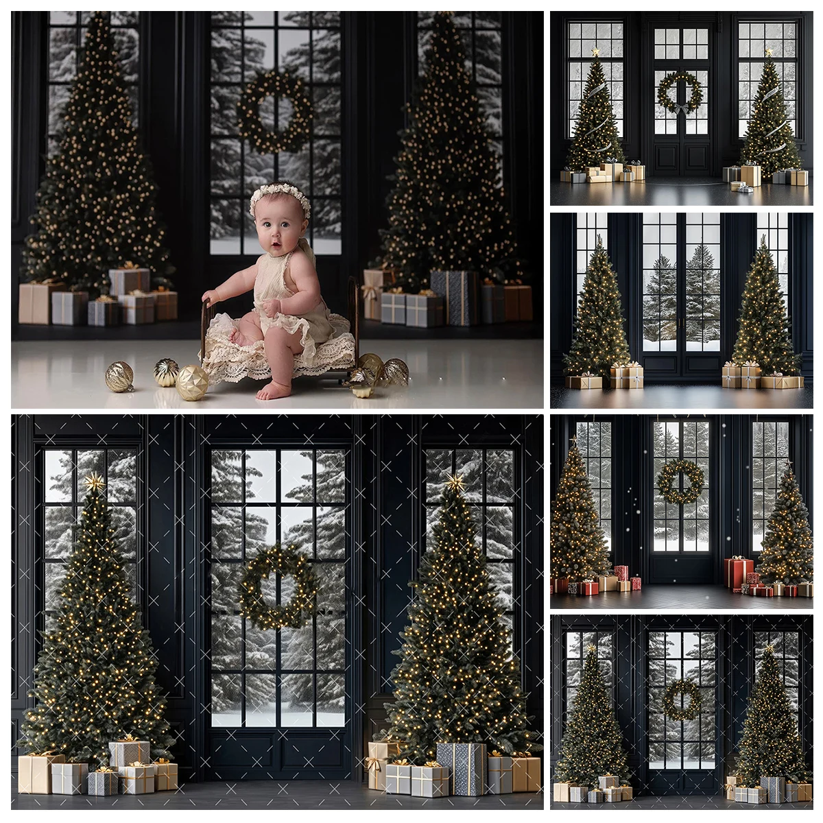 

Classic Christmas Black Door and Window Photography Backdrop Adult Kids Portrait Backgrounds Xmas Trees Gifts Photo Studio Props