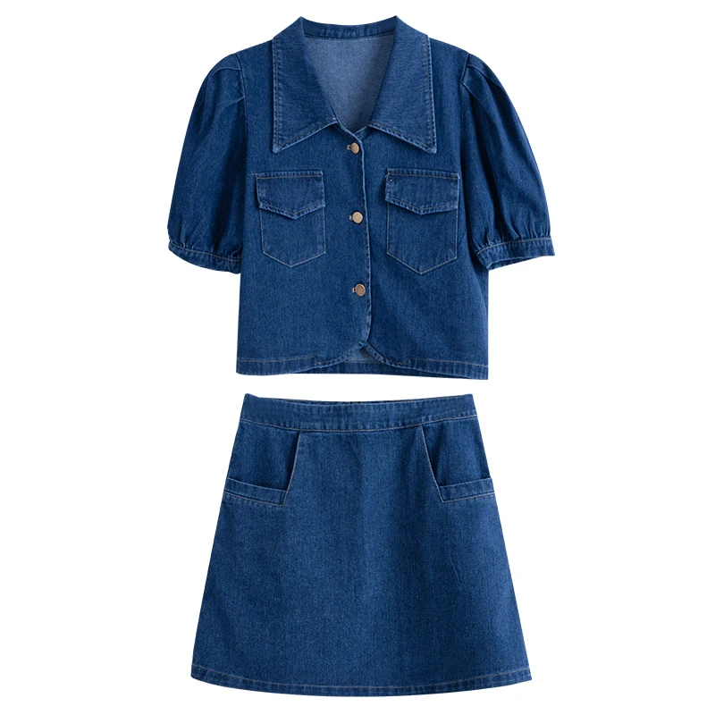 ชุดเซ็ตยีนส์ OLrain 2 ชิ้น ปี 2025 เสื้อครอปแขนพองสั้นสไตล์วินเทจสำหรับผู้หญิง กระโปรงทรงเอเอวสูงแบบมินิ รุ่น O22XE60969