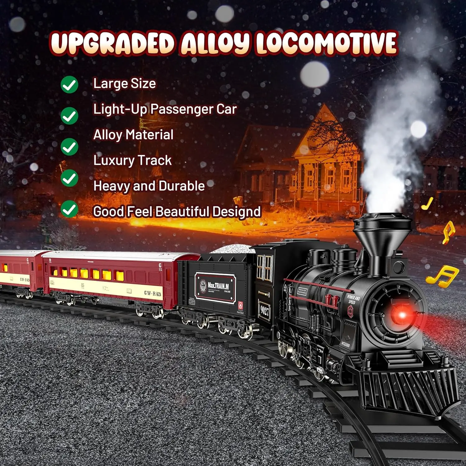 Train Set - Metal Train Toys with Luxury Tracks and Glowing Passenger, Christmas Train Sets for Around The Tree with Smokes, Lig