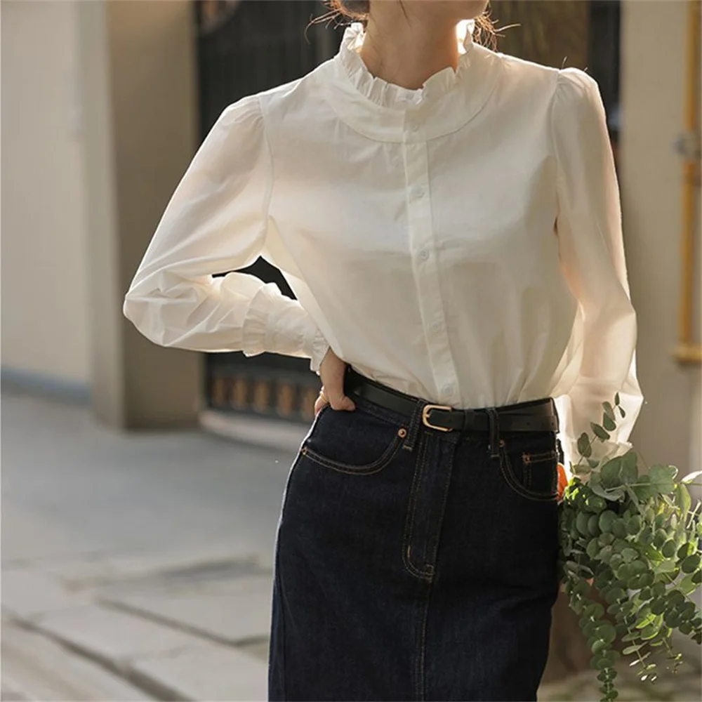 Camicia elegante con volant floreale femminile Primavera Autunno 2025 Nuovo stile manica lunga con bottoni Camicetta da donna alla moda Design francese