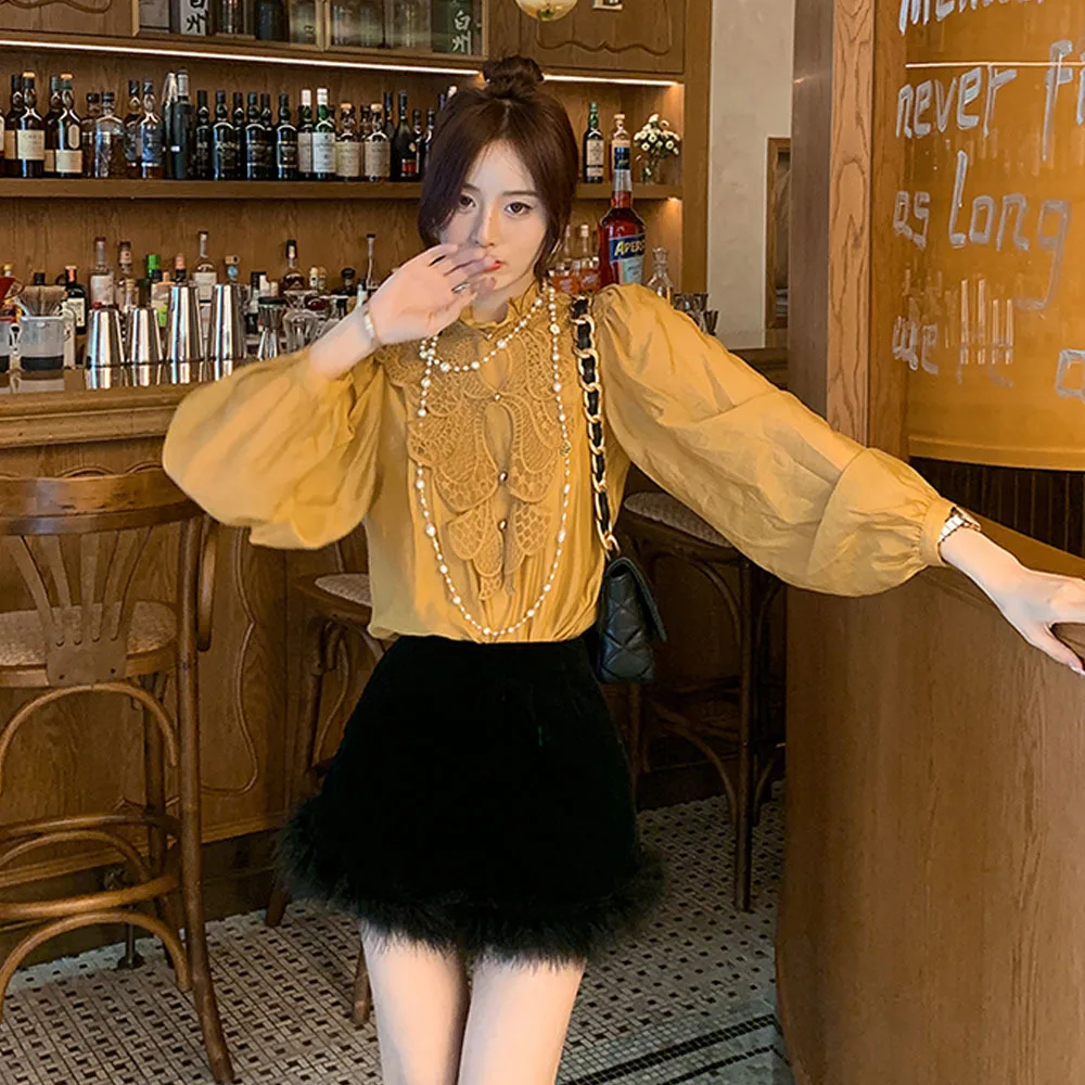 2023 Autumn Winter Shorts Ladies Fashion Streetwear Vintage Style Feathers Trim Party Casual Short Pants Women Elegant Bottoms