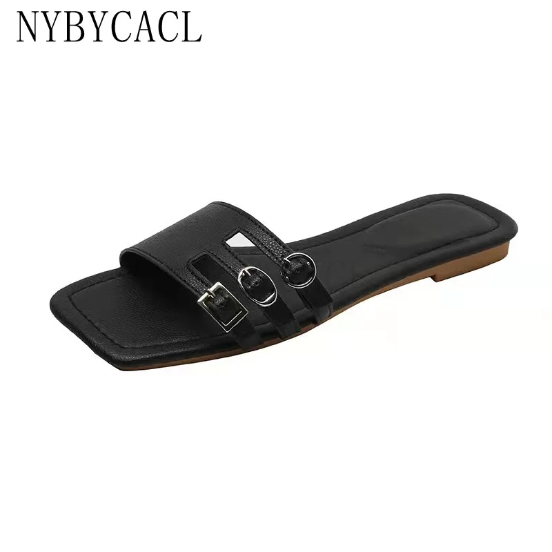 

Slippers Women Cow Leather Square Toe Flats Round Metal Buckle Low Heel Summer Female Eye Catching Shoes Beach Slipper Sandals