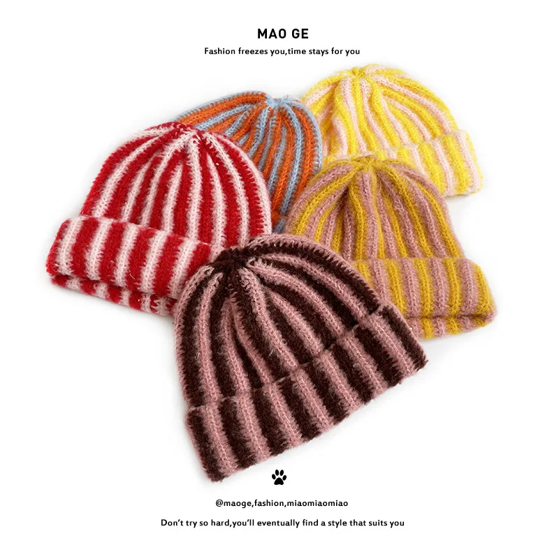 Korea Autumn and Winter New Korean Feather Yarn Striped Wool Beanie Cap Women Showing Face Small Cold Knitted Cold Hat Men