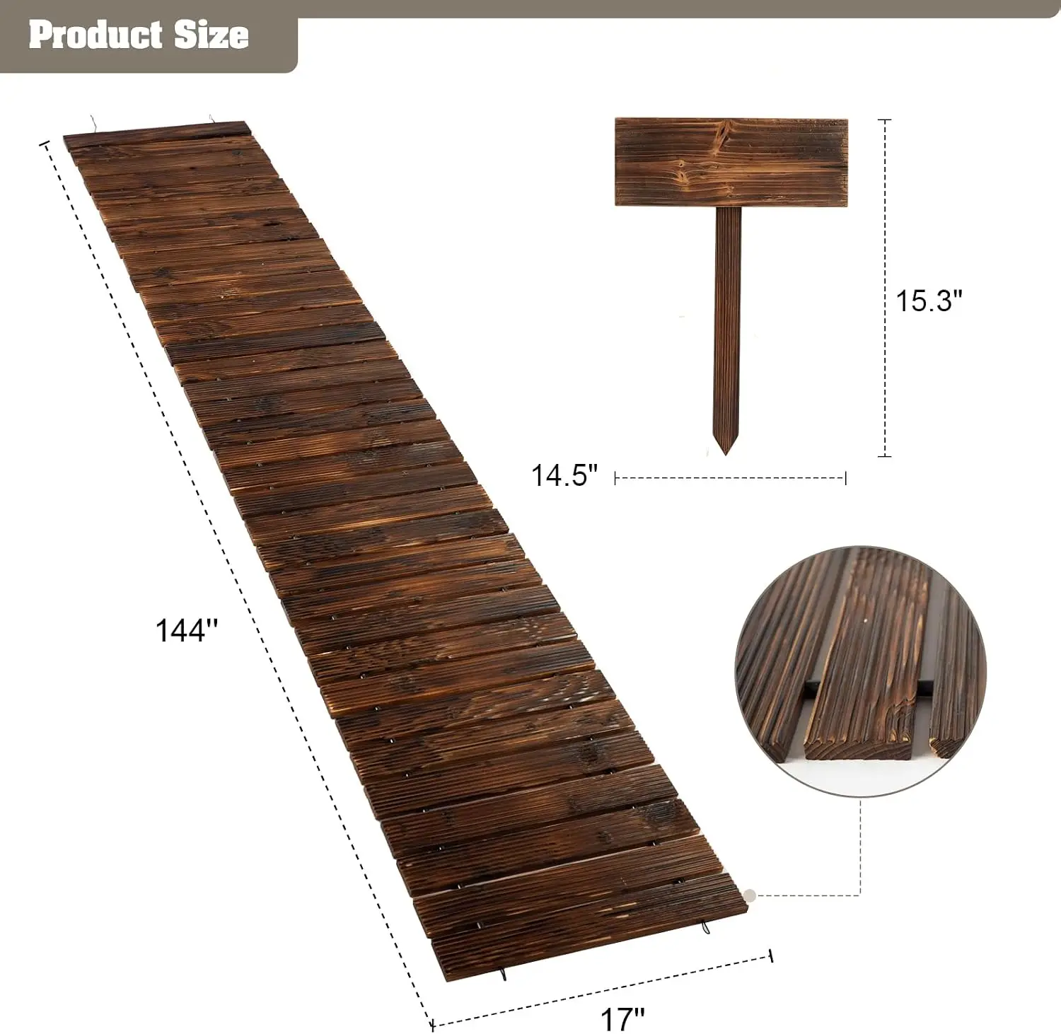 Garden Walkway Boardwalk Outdoor Patio Backyard Path Straight Wooden Roll Non Slip Rustic Stake Sign