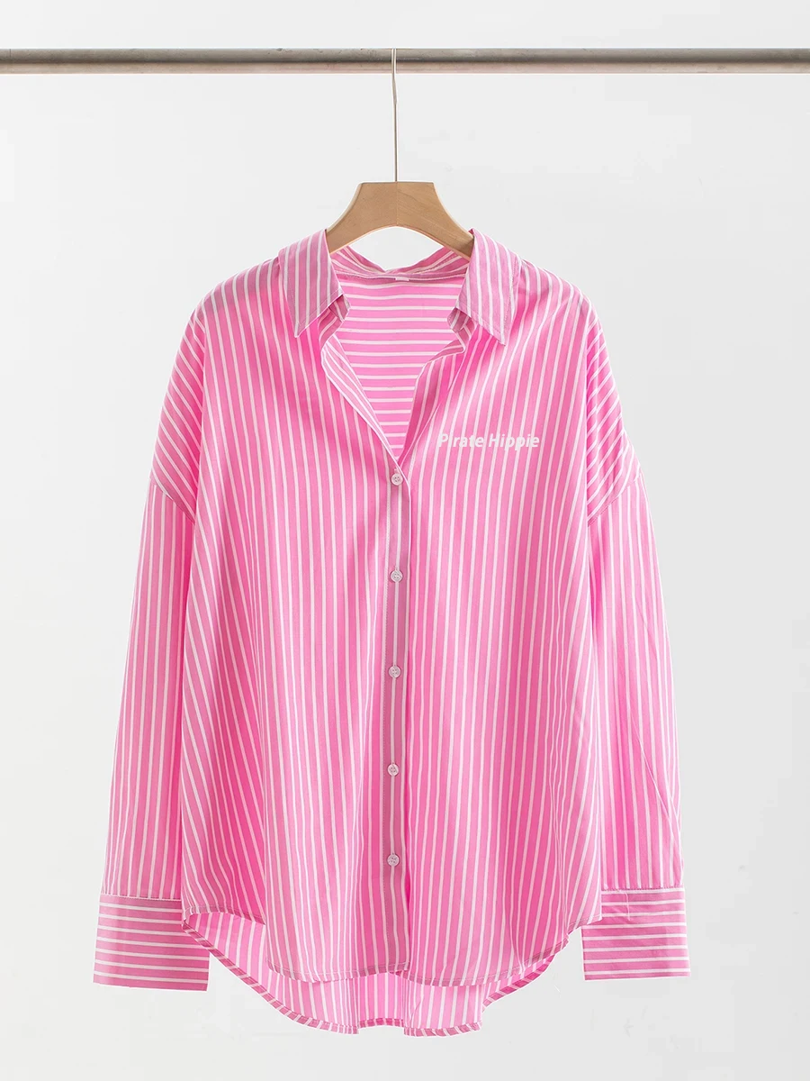 2024 New Striped Pink Shirts For Women Summer Single Breasted  Turndown Collar Blouses Lady Casual Fashion Long Sleeve Blouse