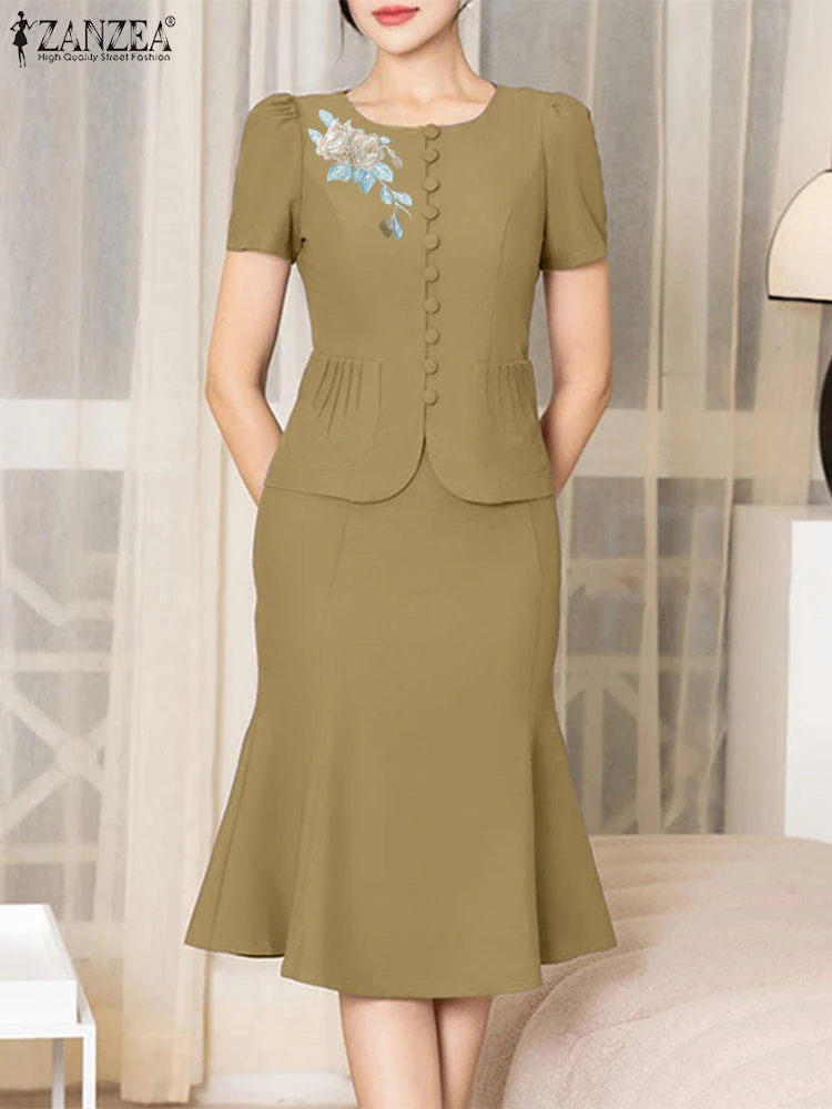 ZANZEA Formal Dress Sets Women Summer Short Sleeve Print Shirts and Ruffled Mermaid Skirts 2 Piece Outfits Elegant 2PCS Suits