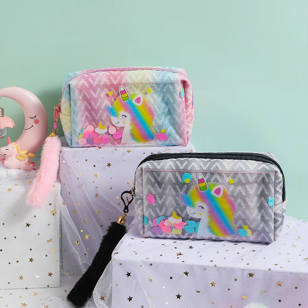 Cute Colorful Unicorn Makeup Bag Girls Large Capacity PVC Transparent Square Unicorn Handheld Bag Children Storage Bag Gifts