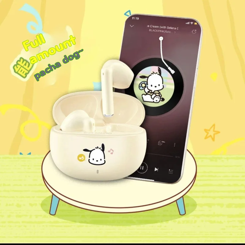 Kawaii Sanrio 5.3 zestaw słuchawkowy Bluetooth Anime Cartoon Pochacco pół-w typ ucha słuchawki z pluszowymi torbami urocze prezenty urodzinowe dla dziewczynek