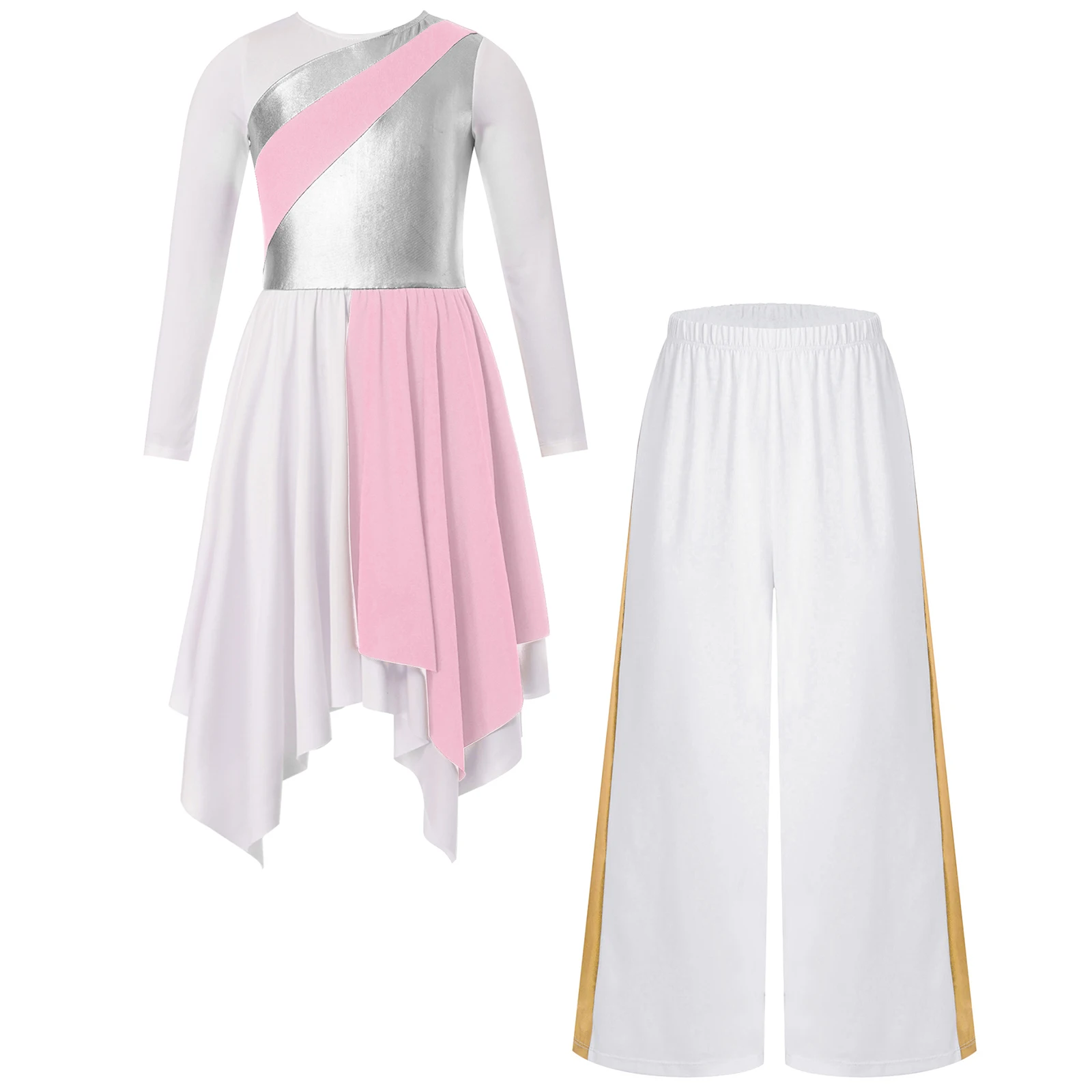 

Kids Girls Church Praise Dance Dress Outfit Long Sleeve Metallic Contrast Asymmetrical Hem Dress+Wide-Leg Pants Lyrical Costume