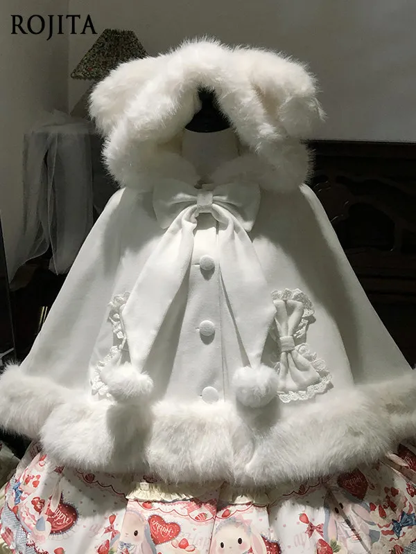 Elegant Red Lolita Cape with Faux Fur Trim and Bunny Ear Back Perfect for Winter Thickened Warm Jacket Shawl Cardigan Women