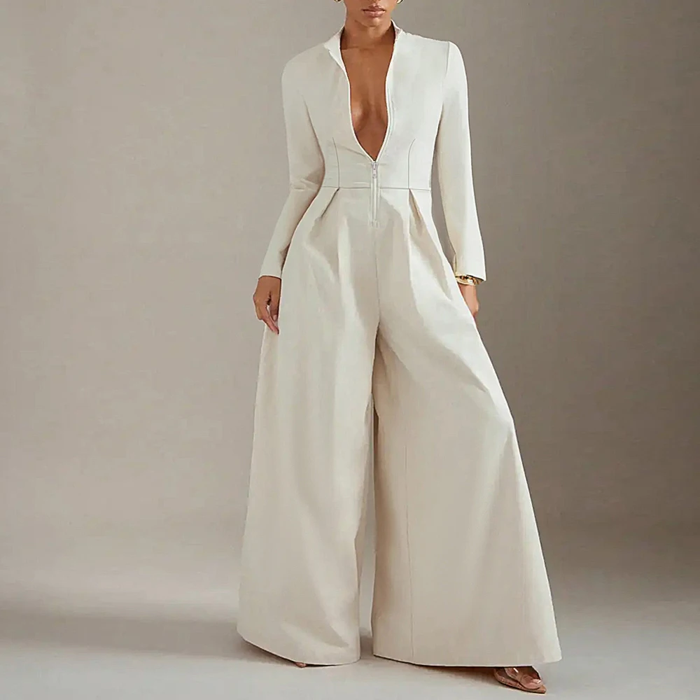 

Mia Muse Summer Jumpsuit 2025 Women's Daily Casual Plain Long Sleeve Zipper Full Length Pants Fitting Slim Jumpsuit