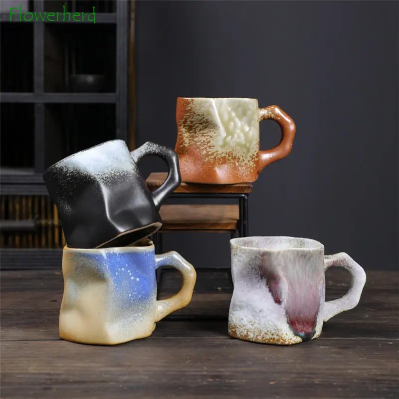 Irregular Shape Mug Kiln Change Ceramic Tea Coffee Cup with Handle Polychromatic Creative Pottery Water Mugs Coffee Cups Retro