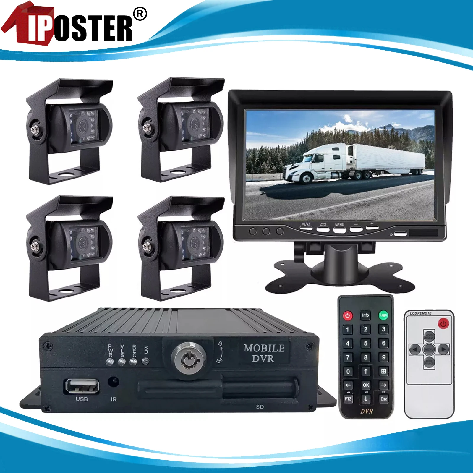 

iPoster 7" TFT LCD Monitor+1080P AHD 4CH MDVR Video Recorder Box+4Pcs HD Cameras IP69 Waterproof For Truck Van Bus Caravan