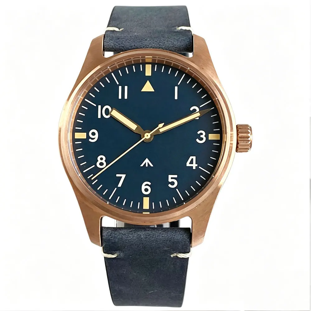 New 39mm Real Bronze Pilot Retro Men's VH31 Quartz Watch Sapphire Glass Luminous Marks Leather Band 200m Waterproof