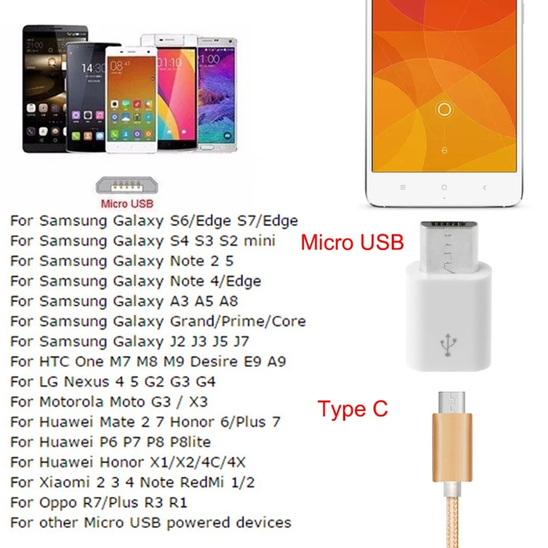 20CB 1PC USB Type C Female to Micro USB Male Adapter Type C Charging Cord Connect Micro USB Charger White Color